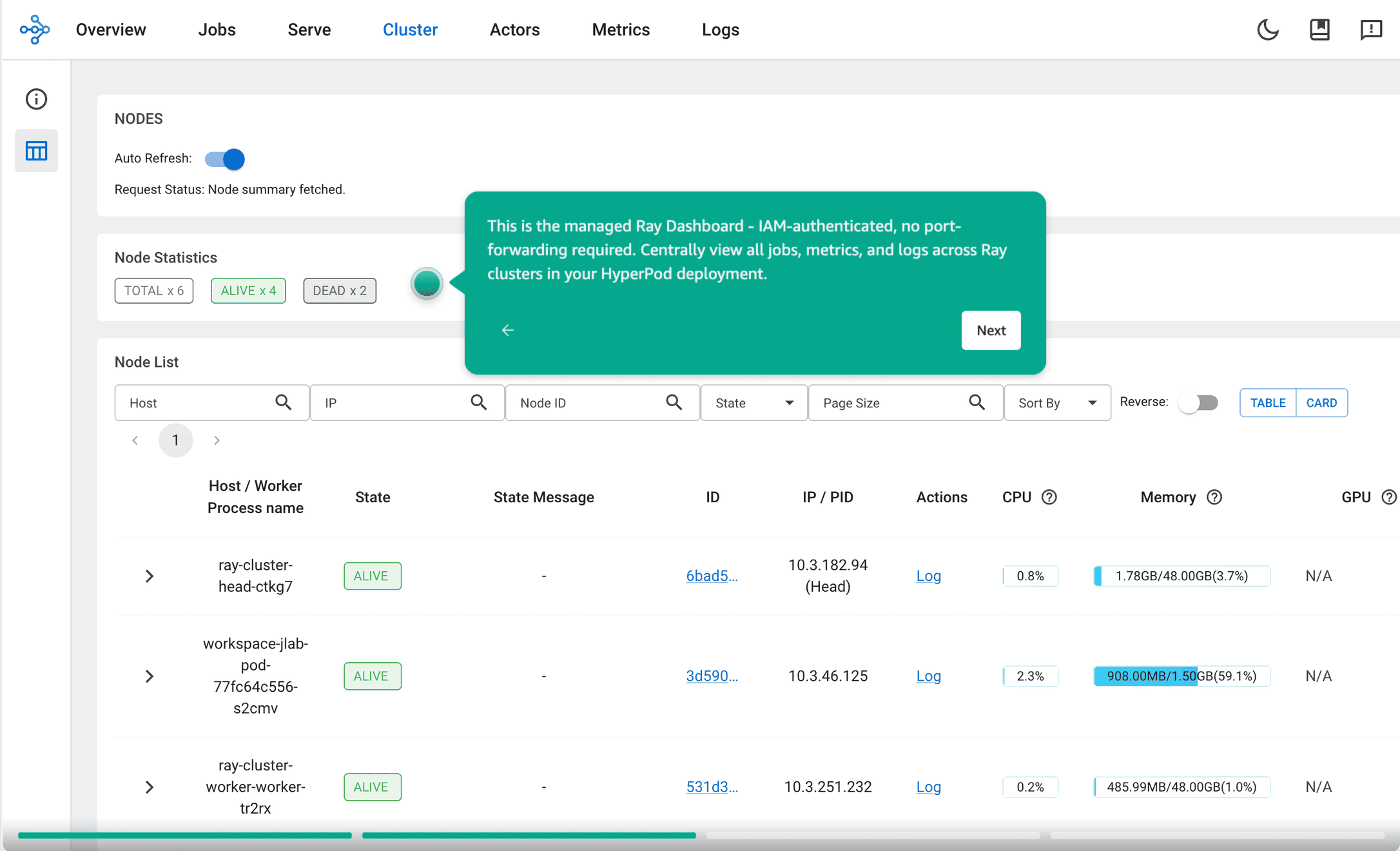 Ray Dashboard showing cluster health, running jobs, and node status