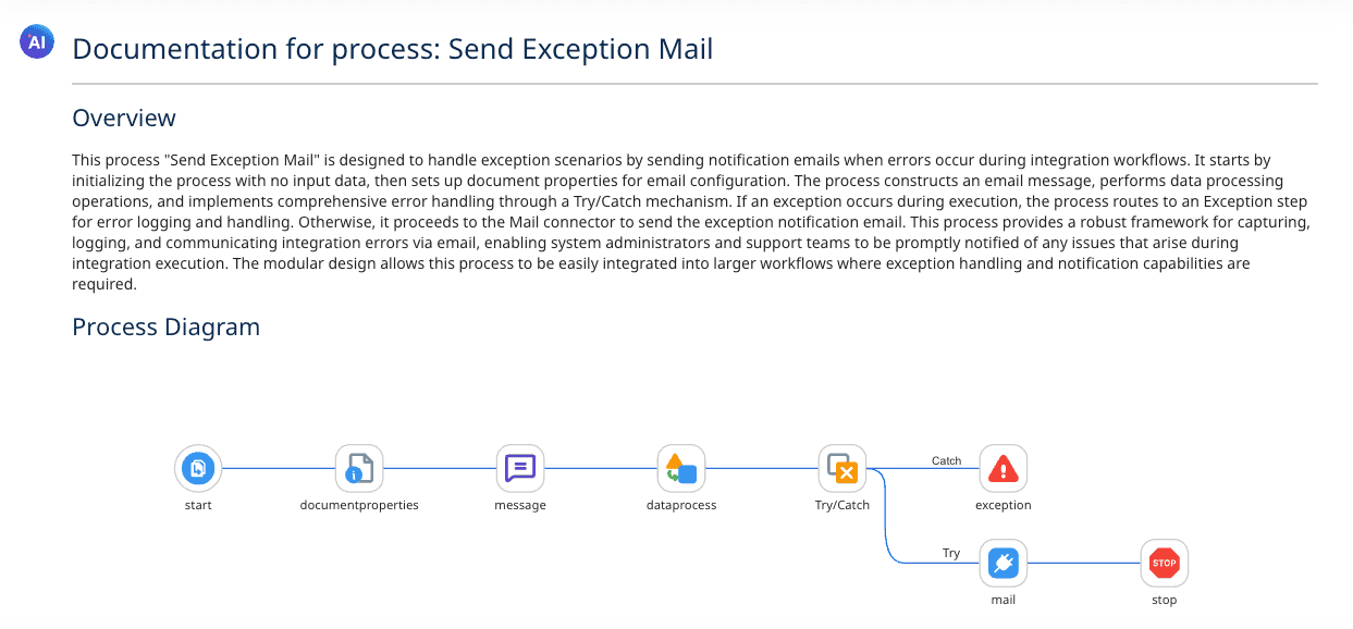 Boomi Scribe generated documentation showing process overview and visual flow diagram