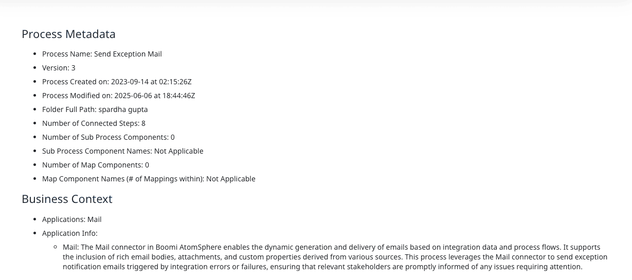 Boomi Scribe output showing process metadata including version, dates, step count, and business context