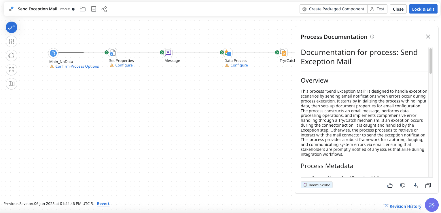 Boomi Process Canvas showing Scribe documentation panel with download and copy options for generated documentation