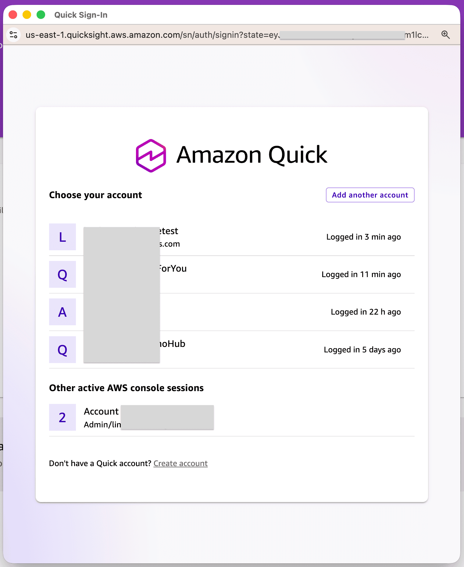 Amazon Quick account selection page to authorize access to Outlook
