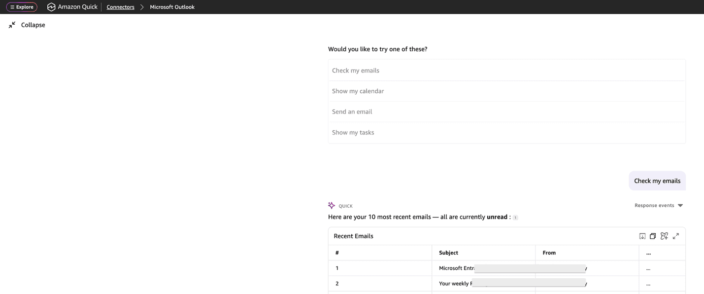 Amazon Quick sample questions for checking email and summarizing calendar events