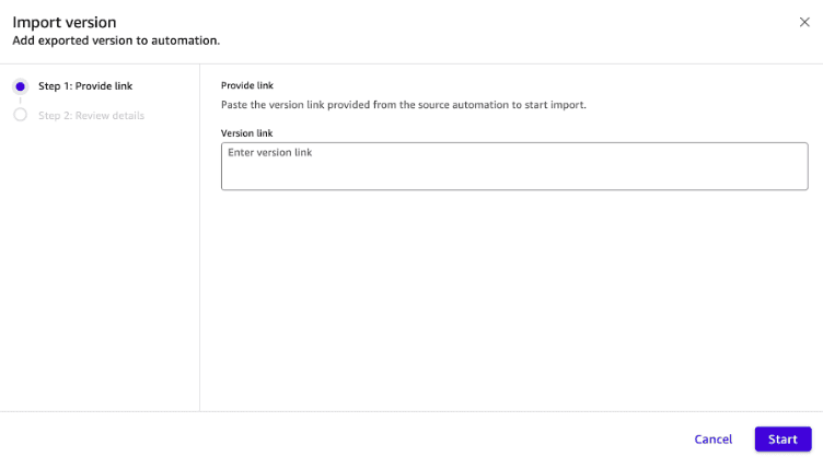 Import version dialog where the exported version link is pasted into the destination project