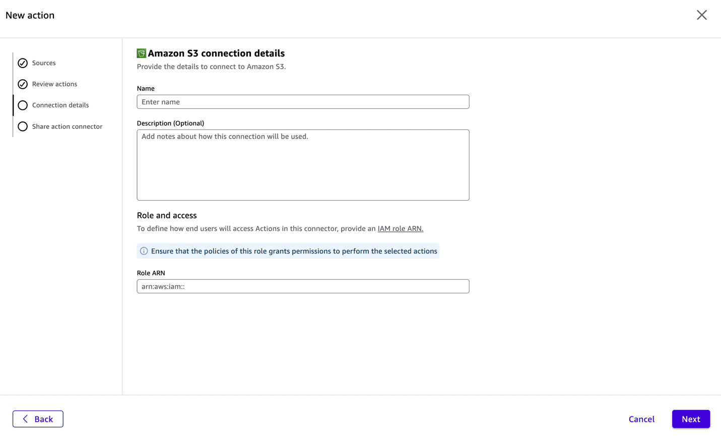 Amazon S3 action connector configuration form with connector name, description, and IAM role ARN fields