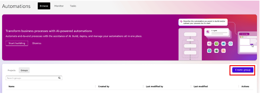Automations page in the Amazon Quick console showing the Create Group option