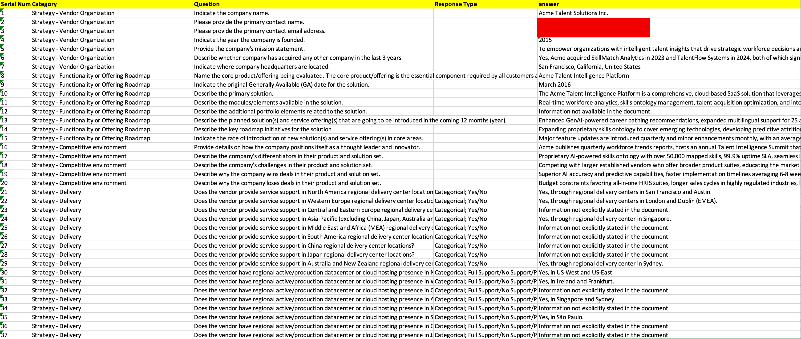 Workflow run output listing extracted questions with serial number, category, question, and response type columns