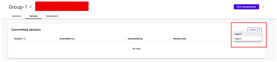 Versions tab of an automation with the Export version option for a validated release