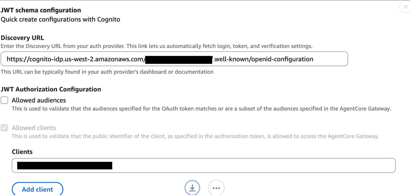 AgentCore Gateway inbound auth details with the Cognito discovery URL and client ID