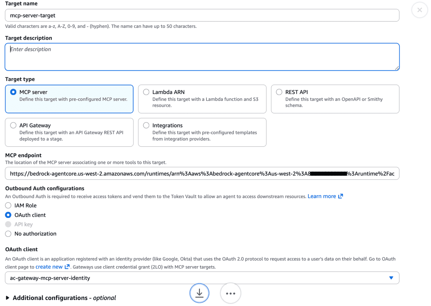 AgentCore Gateway Target section with the MCP server endpoint and OAuth client configured