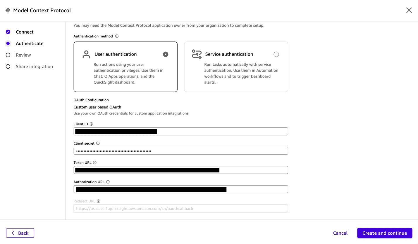 Amazon Quick Authenticate screen with the Cognito token and authorize URLs