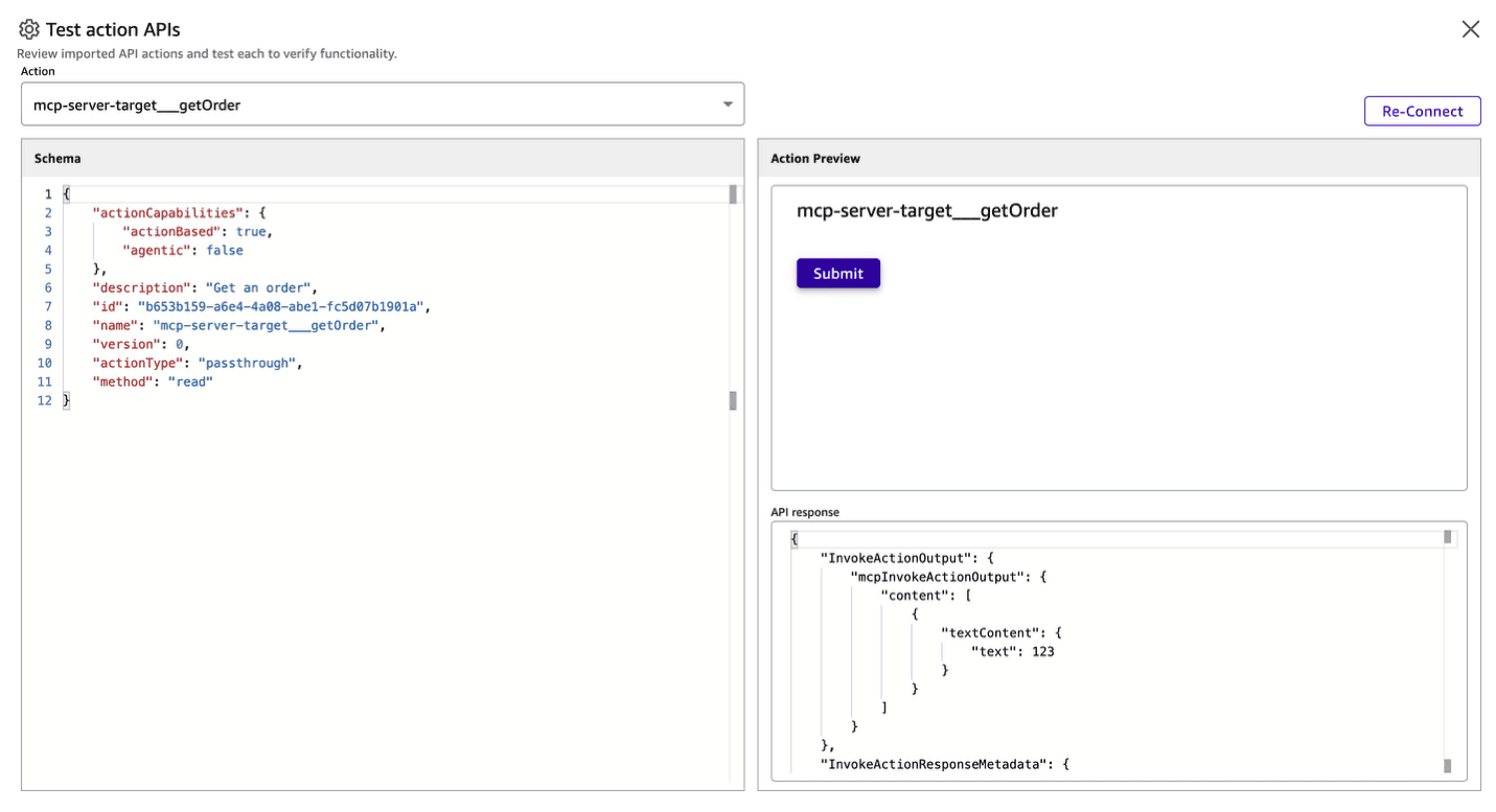 Amazon Quick Test Action APIs screen verifying the MCP tools