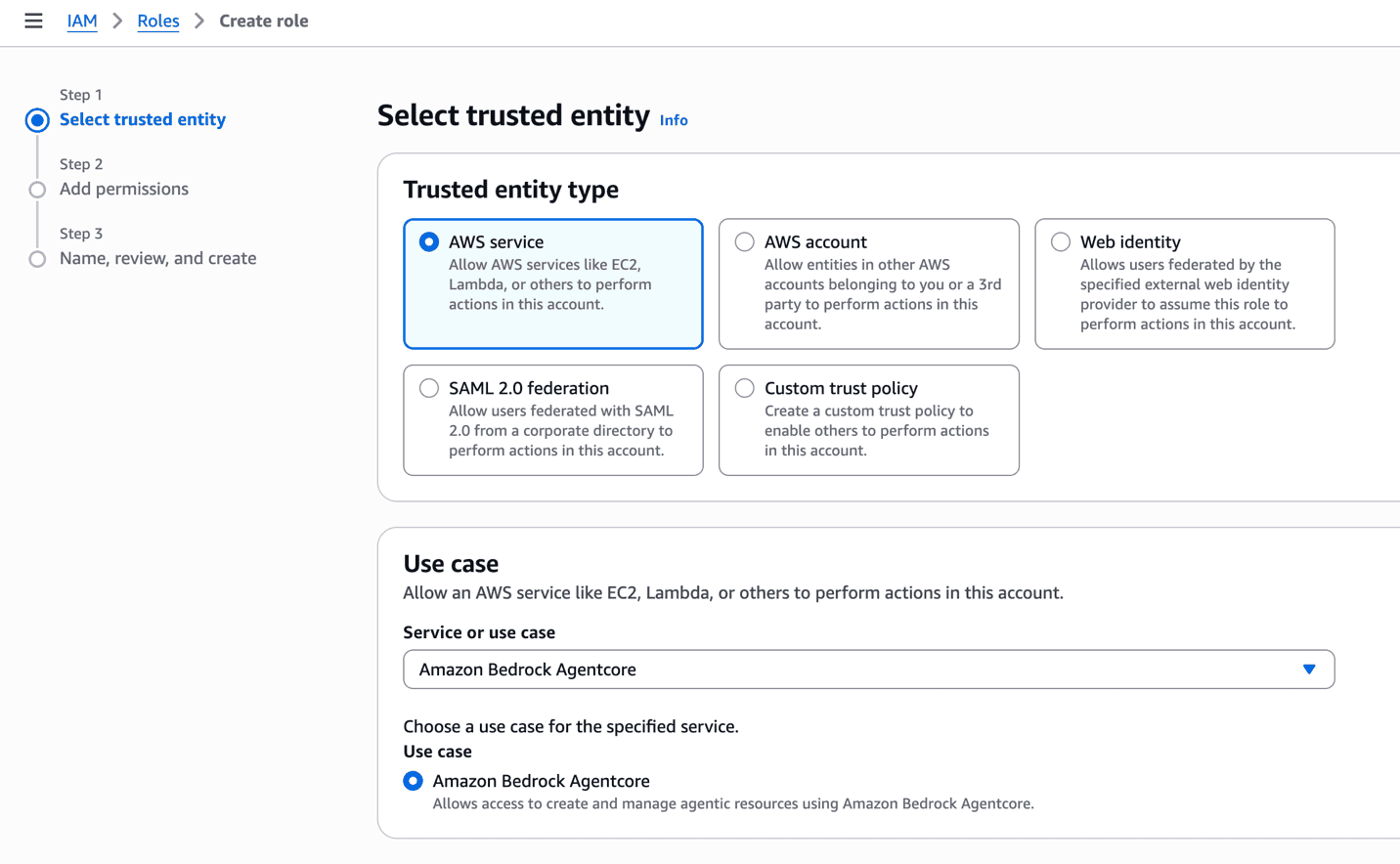 IAM create role page with Amazon Bedrock AgentCore selected as the use case