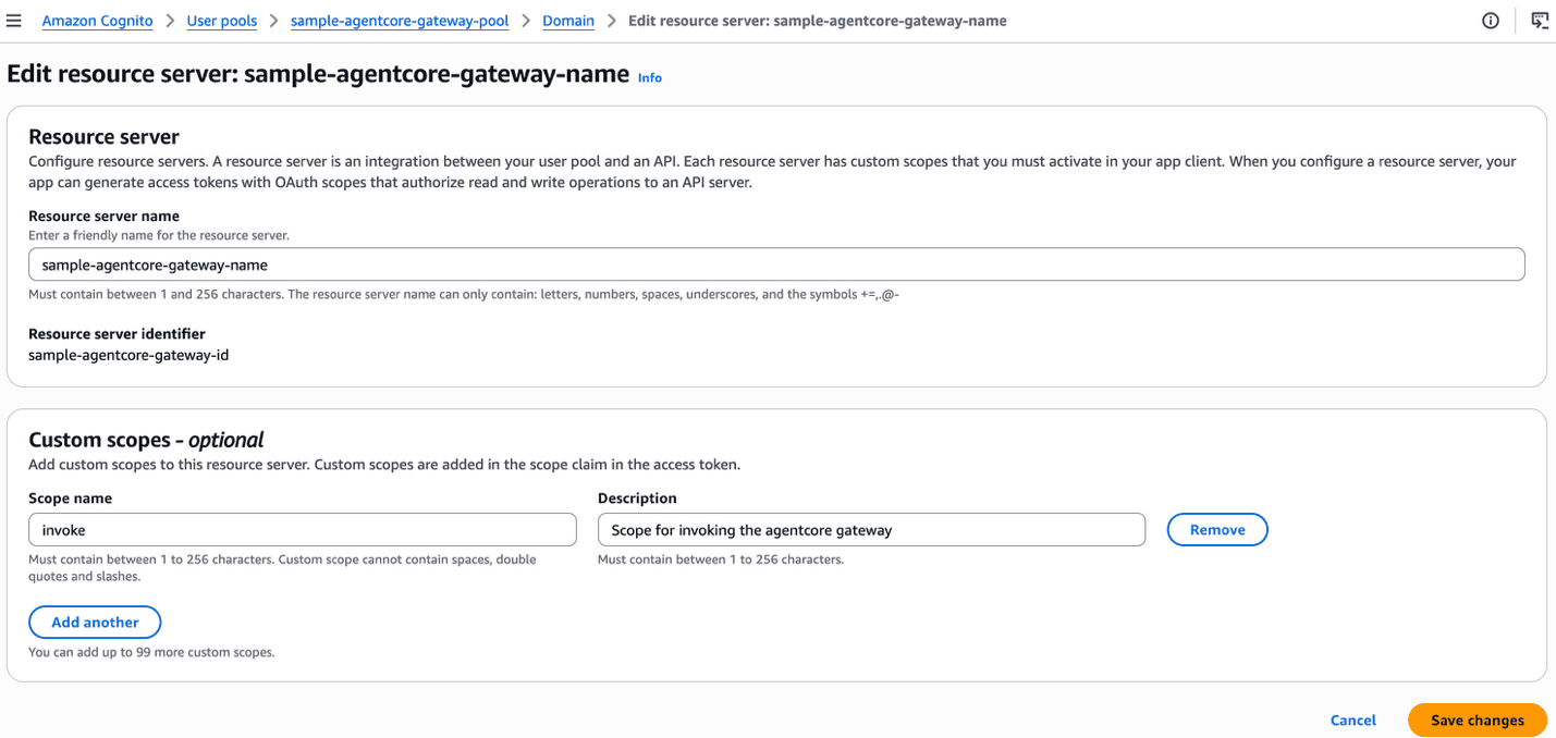 Amazon Cognito resource server configuration with the invoke custom scope
