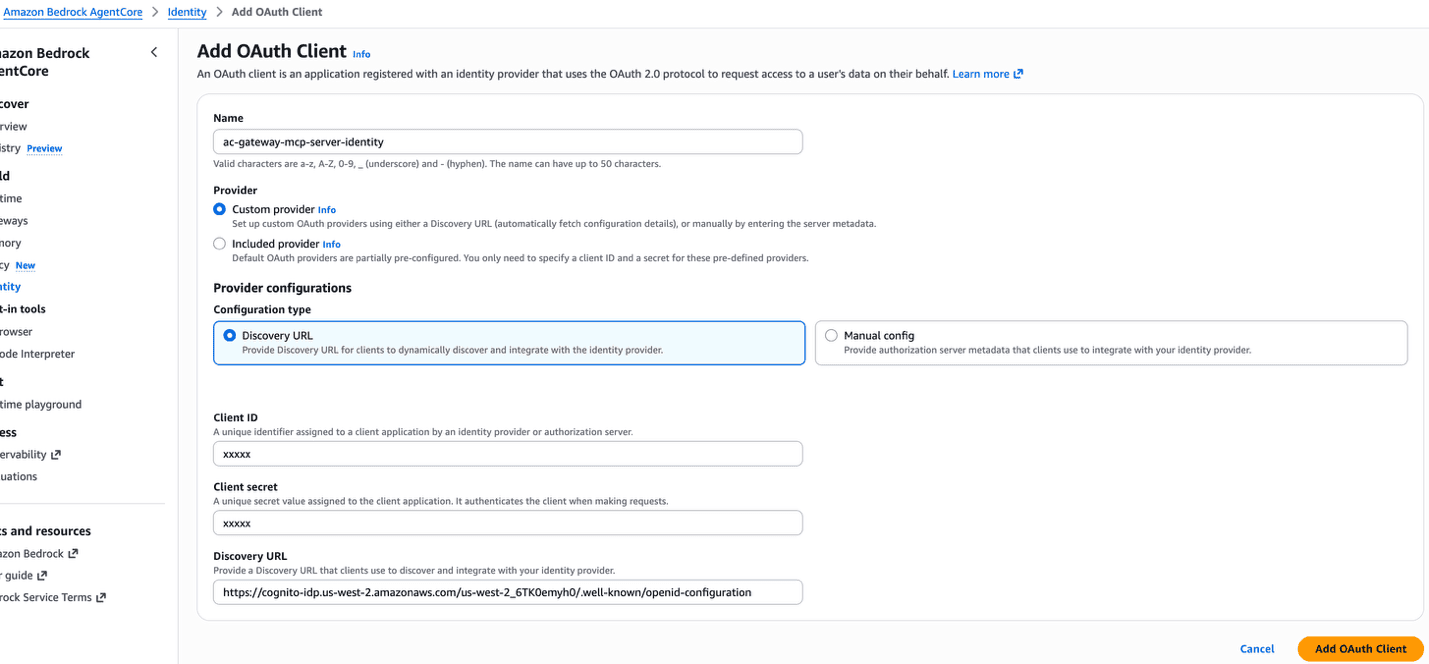 AgentCore Identity Create OAuth Client form populated with the outbound Cognito app client details