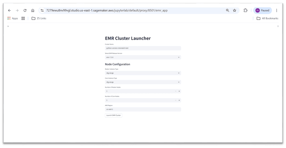 The Amazon EMR Cluster Launcher interface with lists for software release version, node type, and worker count, an input field for core nodes, and a Launch EMR Cluster button
