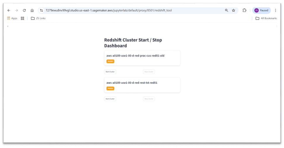 The Streamlit Amazon Redshift cluster start/stop dashboard showing two paused clusters, each with Start Cluster and Stop Cluster controls