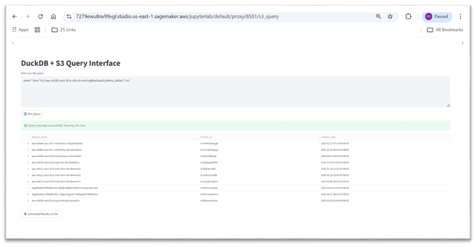 The DuckDB and Amazon S3 query interface showing a successful SQL query with a green confirmation message and a results table of file paths, account IDs, and timestamps