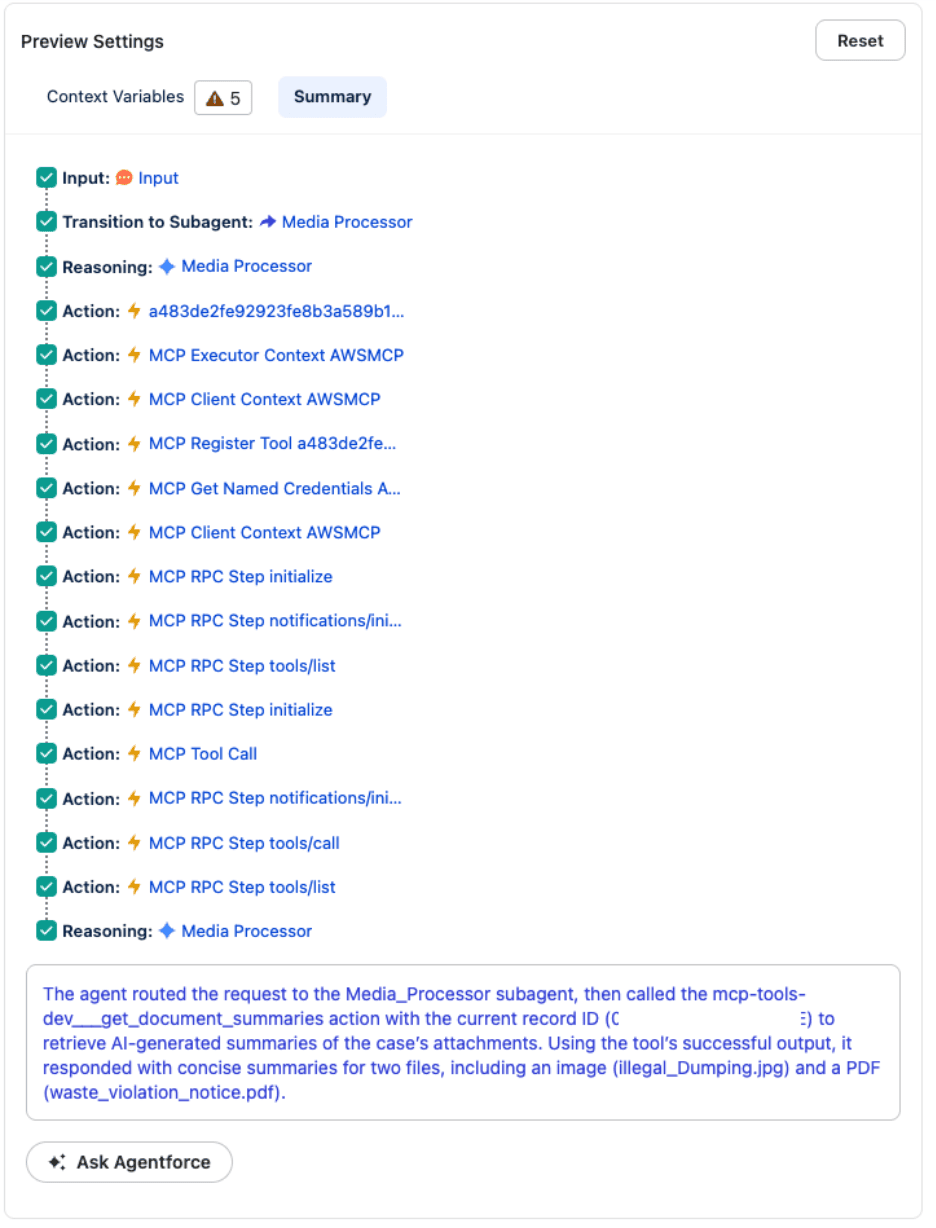 Summary trace showing the steps the agent took to retrieve insights through MCP