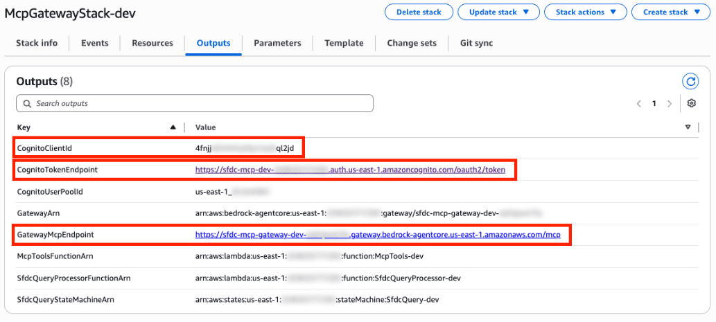 AWS CloudFormation stack outputs showing CognitoClientId, CognitoTokenEndpoint, and GatewayMcpEndpoint values