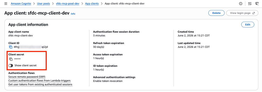 Amazon Cognito app client page with the Client secret field highlighted
