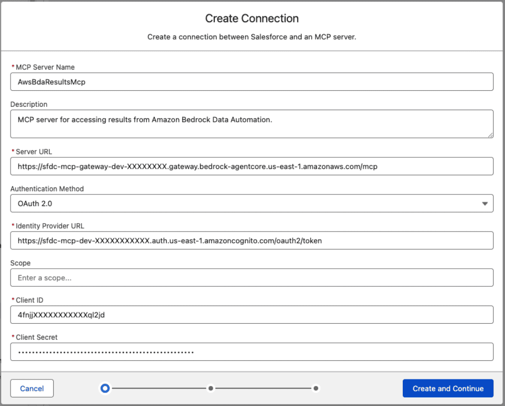 Salesforce Create Connection page for registering the MCP server with values from AWS