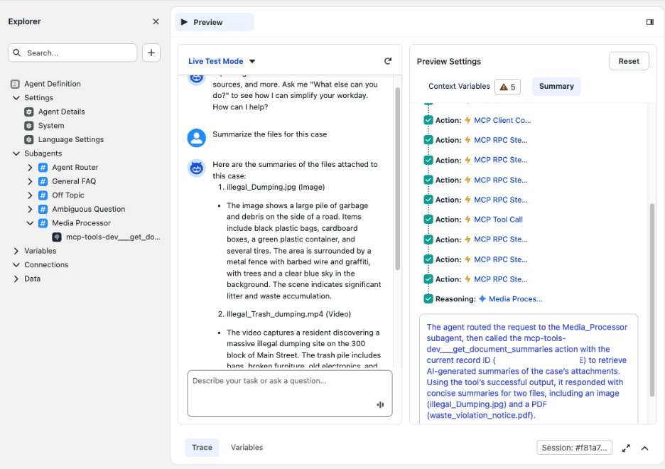 Agent preview returning a natural language summary of the media files associated with the case