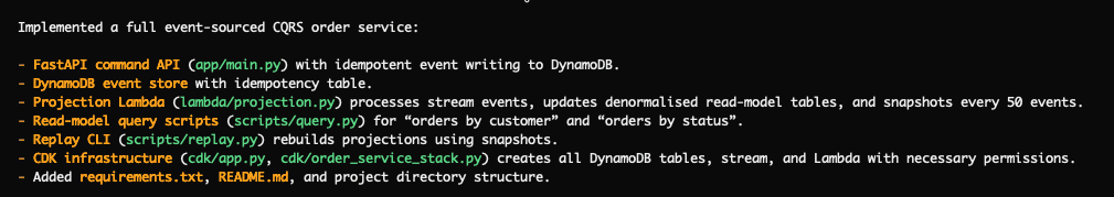 OpenCode generating the event-sourced CQRS order service with GPT-OSS 120B in the terminal