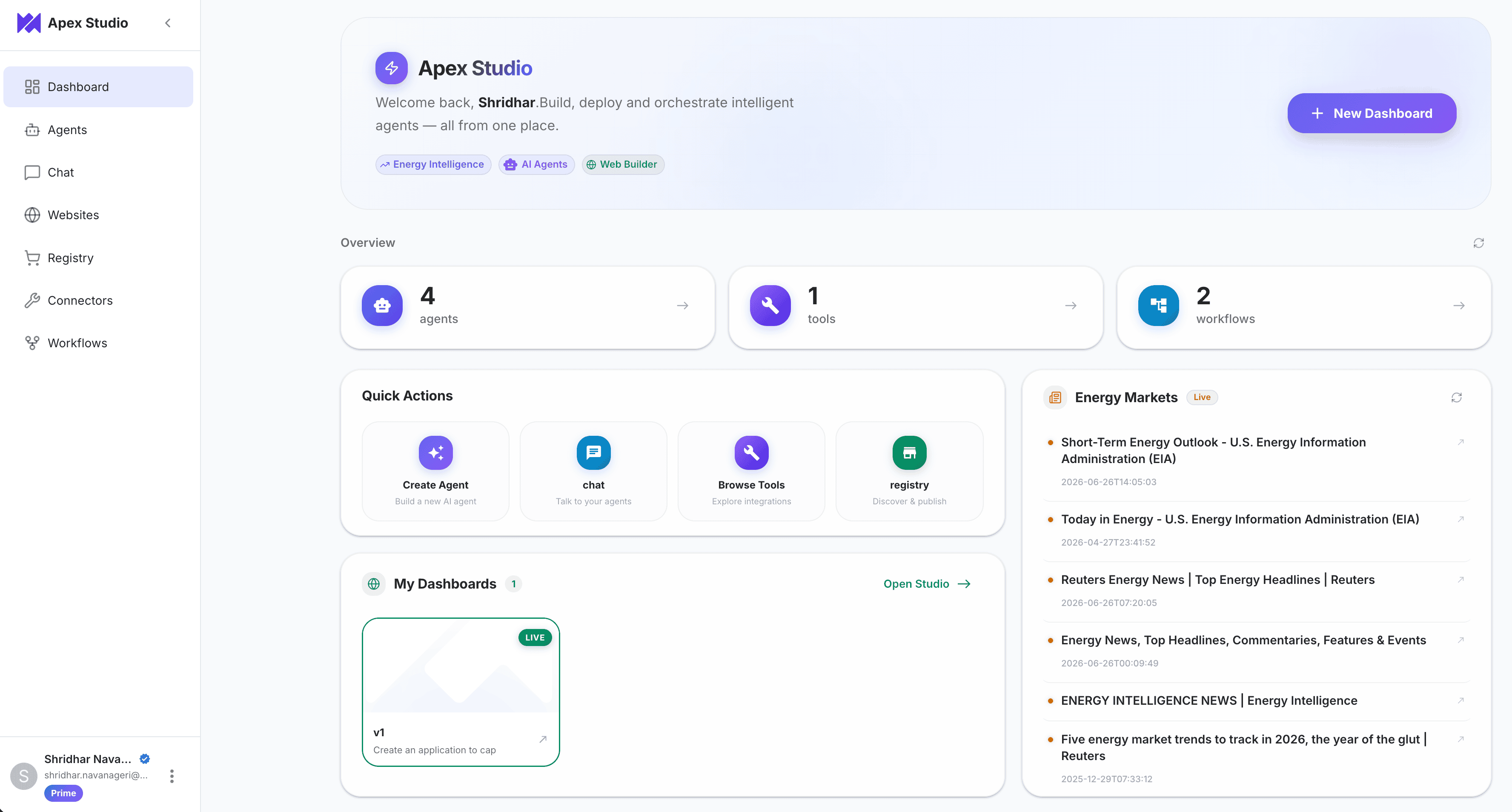 APEX Studio dashboard showing active agents, workflows, and connectors with the six lifecycle capabilities over AgentCore