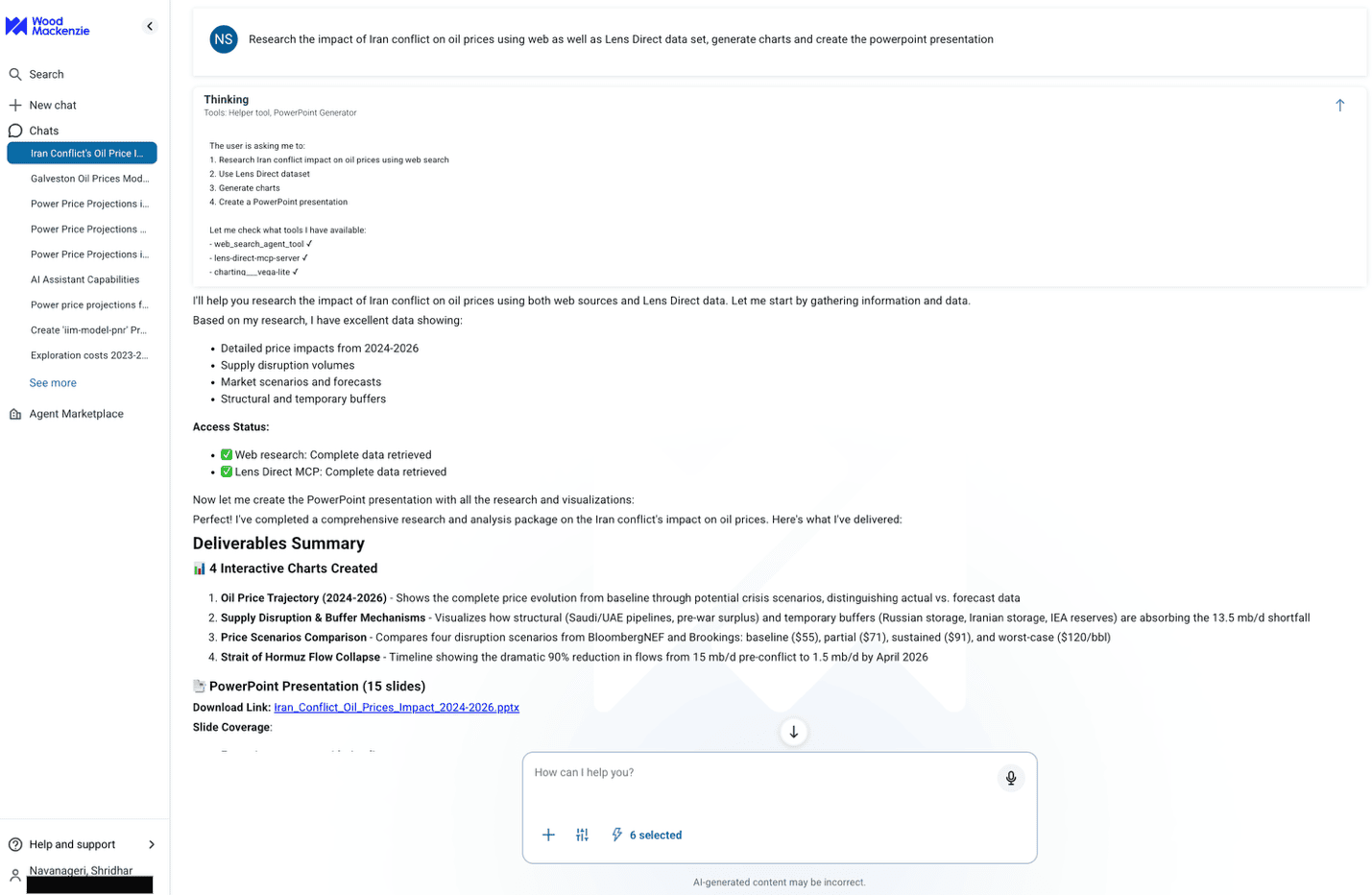 Woody chaining a web search, the Lens Direct MCP server, a charting tool, and a PowerPoint generator, with a live Task Tracker panel