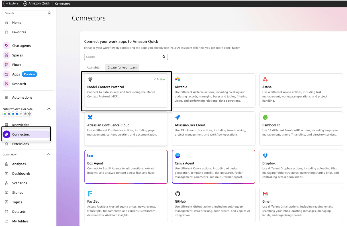 Connectors page in Amazon Quick