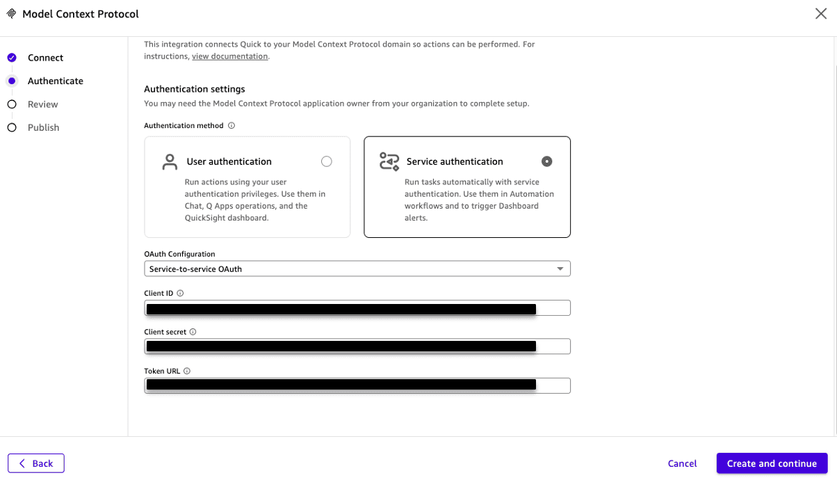 Service-to-service authentication settings for the MCP server connection in Amazon Quick