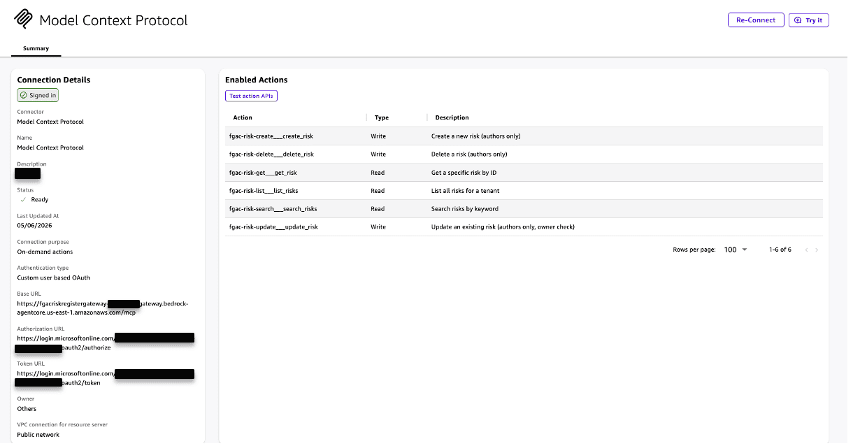 Connected MCP server in Amazon Quick displaying the six risk register tools as available actions