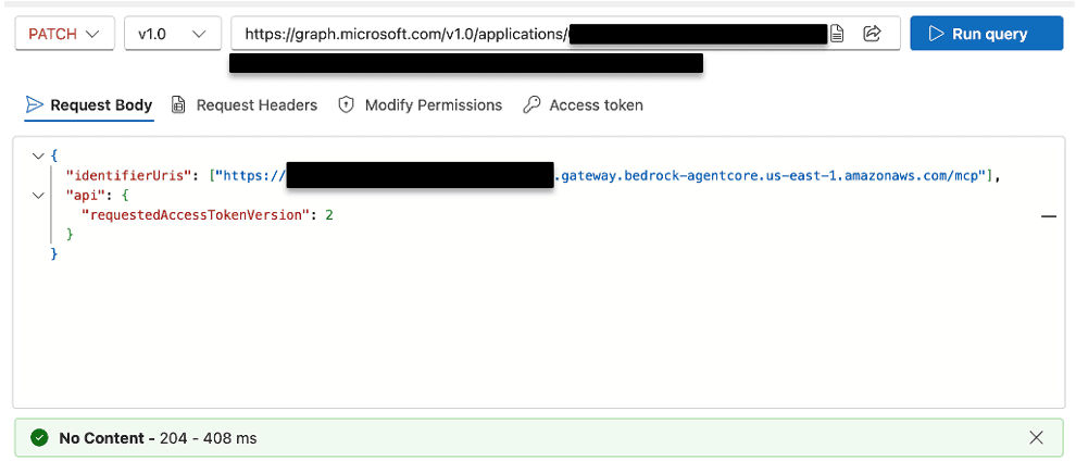 Microsoft Graph Explorer showing the PATCH request and the 204 No Content response that confirms success