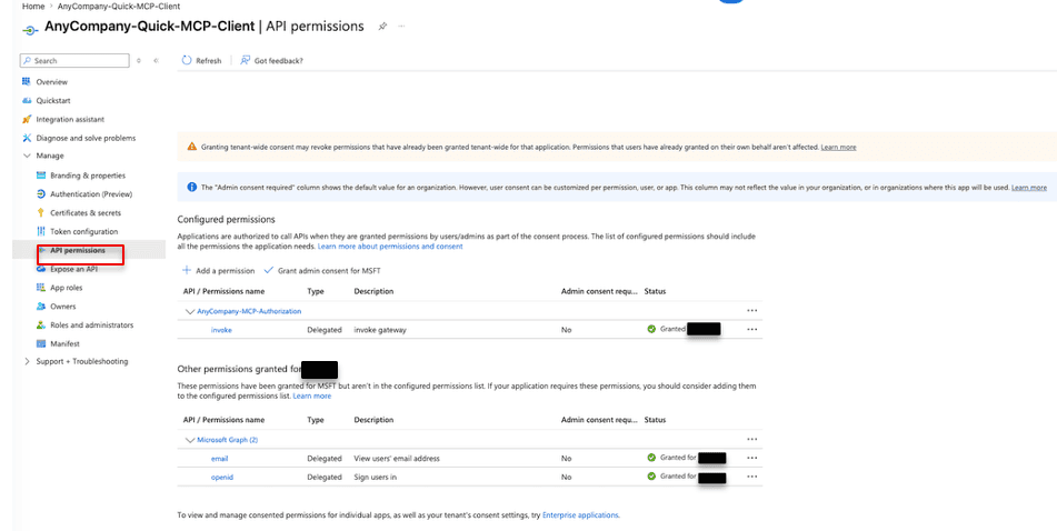 Client application API permissions after admin consent, with the invoke scope granted on the resource application
