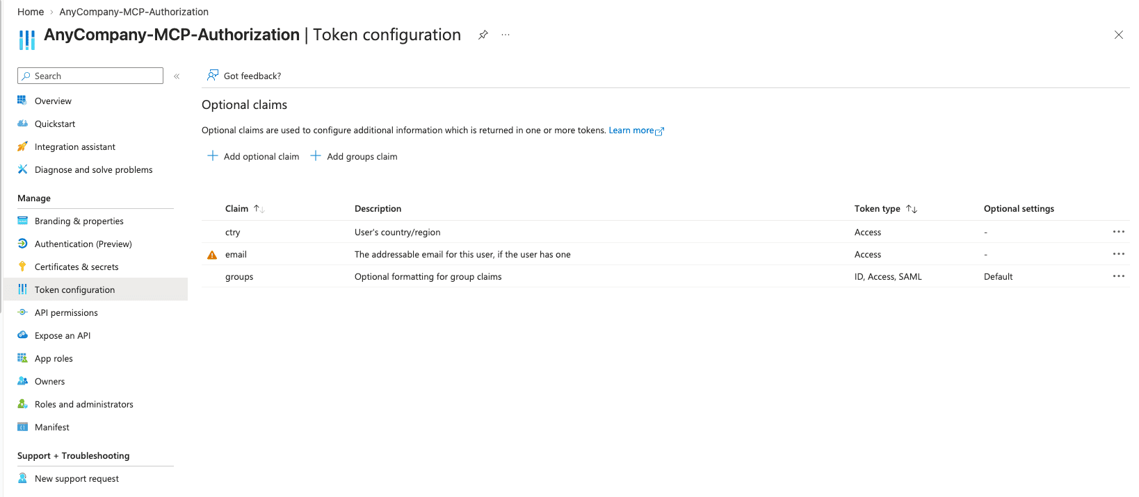 Token configuration page in Entra ID with the groups claim added for the access token