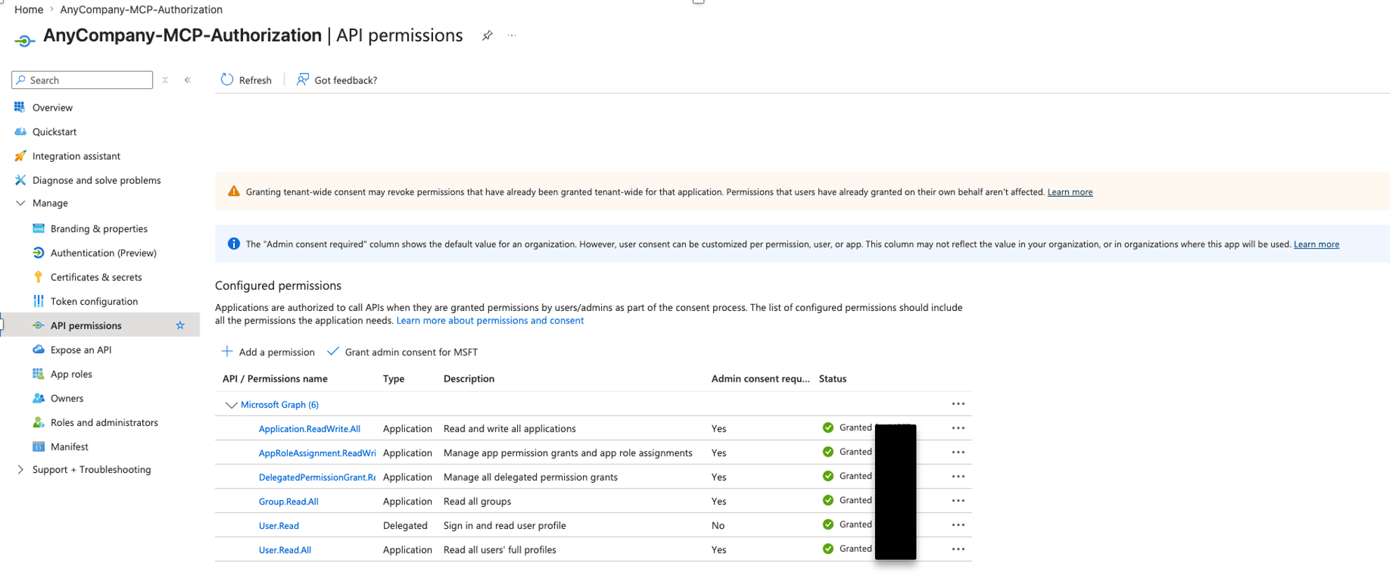 Microsoft Graph API permissions page with admin consent granted for the claims