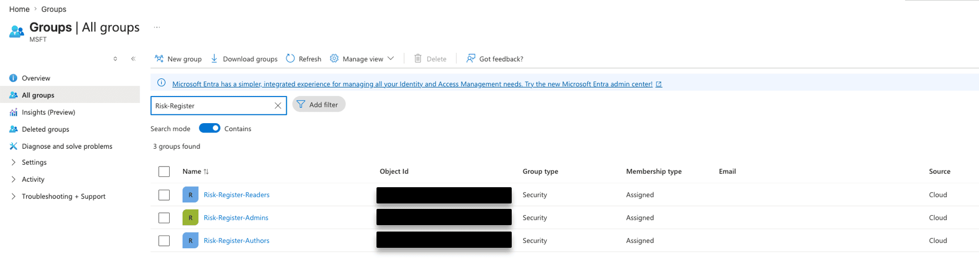 The three security groups Risk-Register-Readers, Risk-Register-Authors, and Risk-Register-Admins created in Microsoft Entra ID