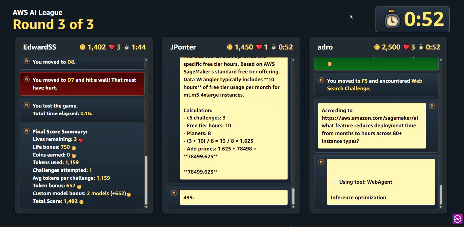 Screenshot of the AWS AI League finale showing three agents competing simultaneously in Round 3, each displaying real-time combat logs with challenge responses, scores, remaining lives, and time elapsed as they solve dungeon challenges using different strategies