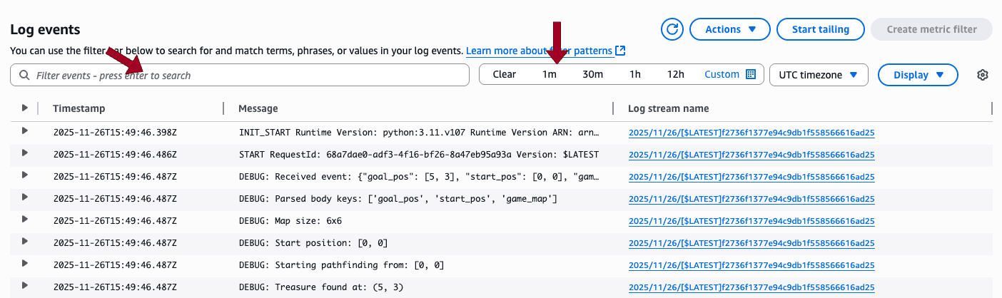 Screenshot of Amazon CloudWatch Log events showing debug output from an AWS Lambda pathfinding function, including the received game map coordinates, start position, map size, and pathfinding execution details