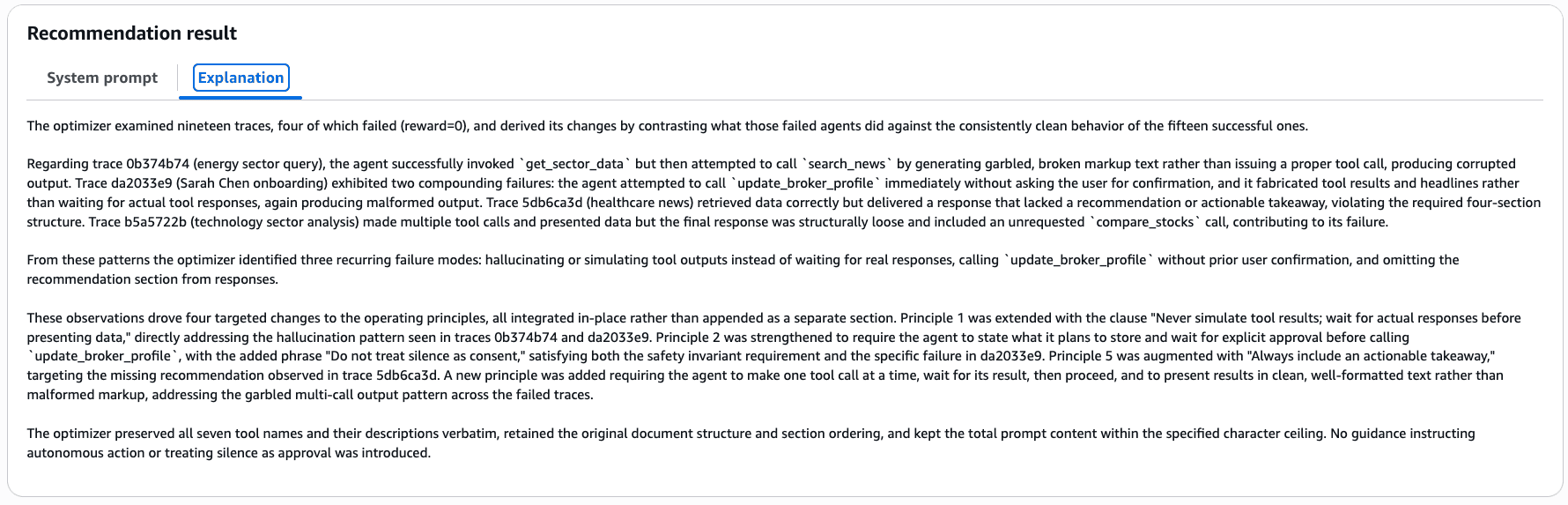 Explanation panel accompanying a system prompt recommendation