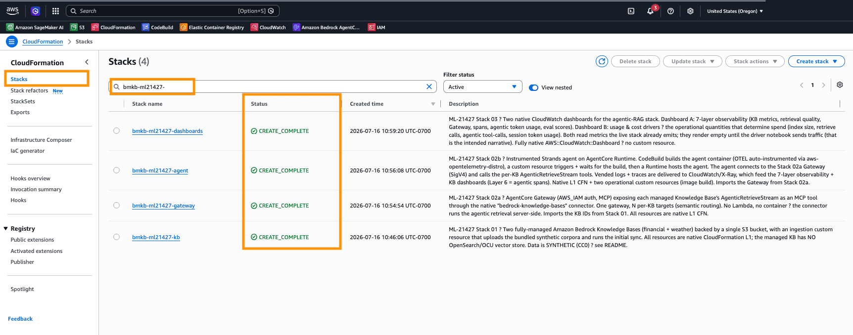 The four CloudFormation stacks all reach CREATE COMPLETE