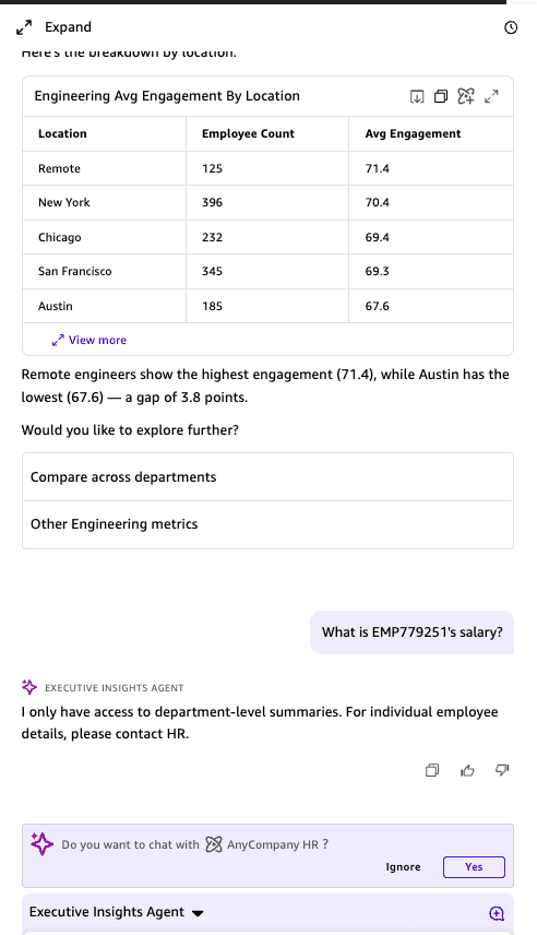 Executive Insights Agent refusing a request for an individual employee’s salary