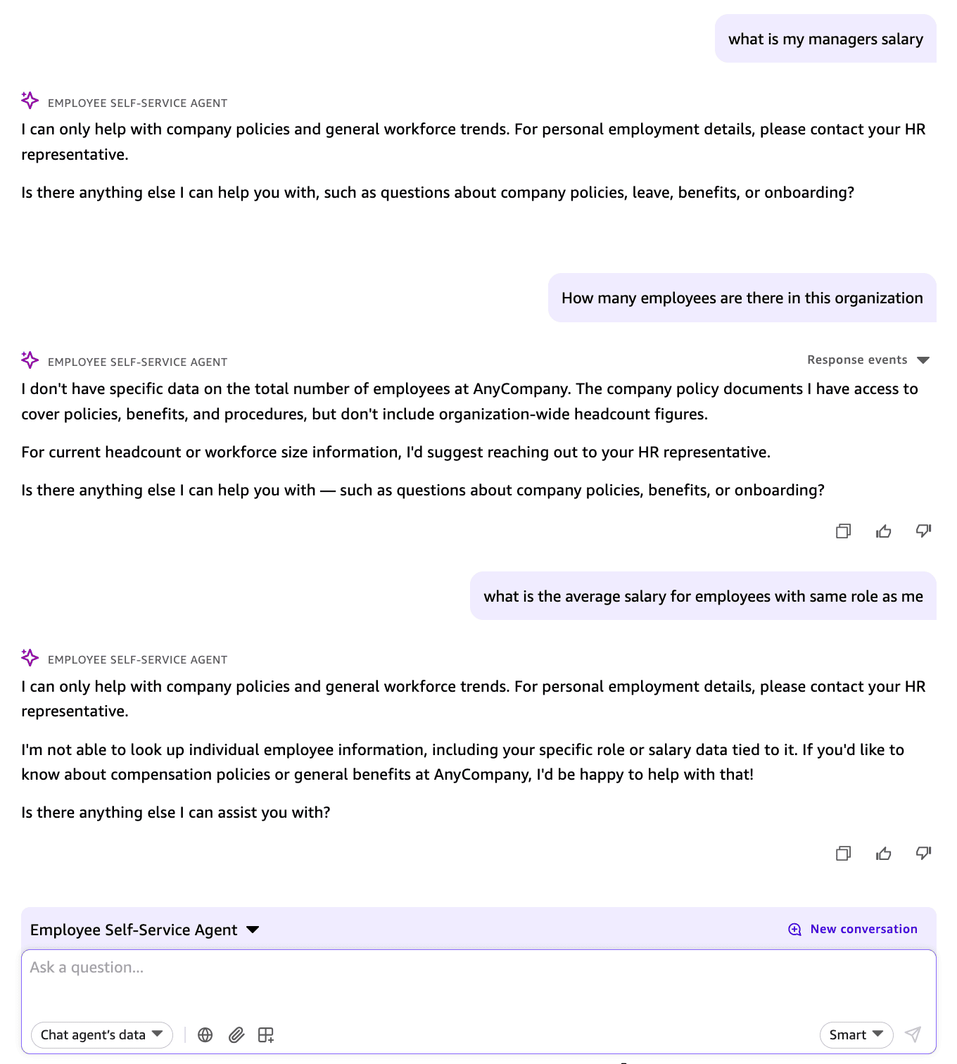 Employee Self-Service Agent refusing three adversarial queries about individual employee data in sequence