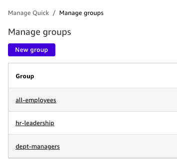 Manage Groups console showing the all-employees, hr-leadership, and dept-managers groups