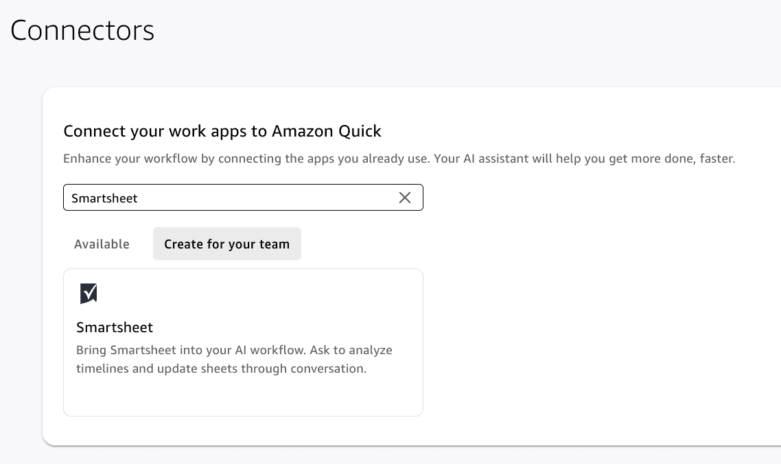 Amazon Quick Connectors directory with the Smartsheet connector tile