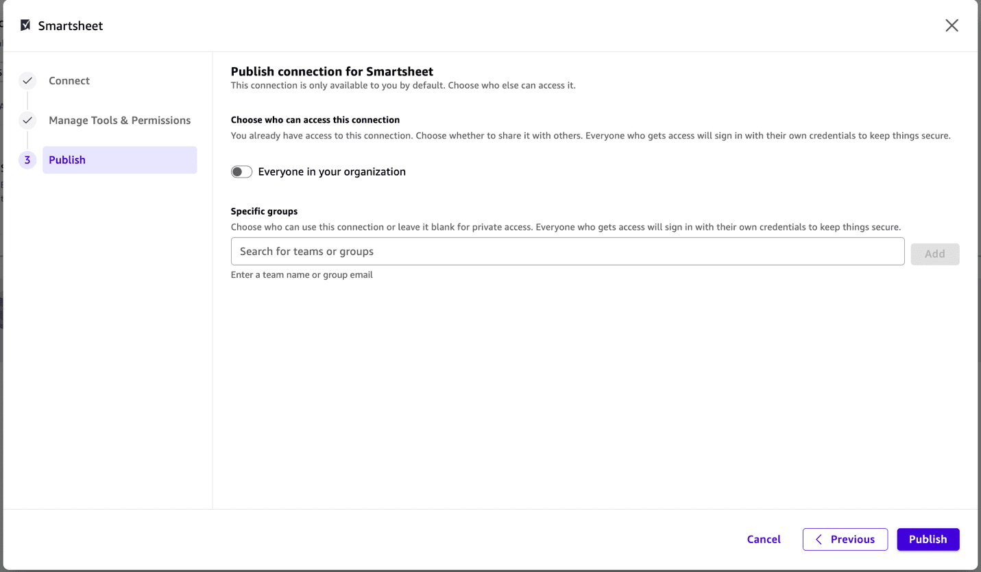 Amazon Quick Publish page for choosing who can access the Smartsheet connection