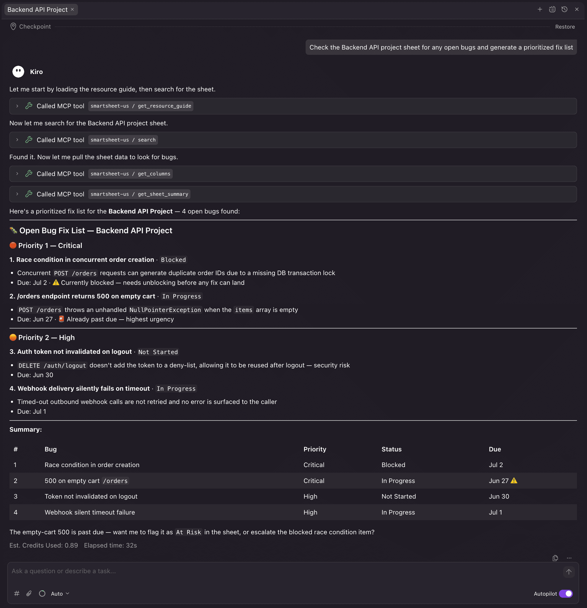 Kiro generating a prioritized fix list from open bugs in the Backend API Smartsheet project sheet