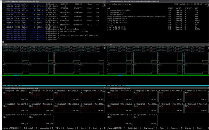 Dashboard showing full GPU utilization and EFA adapter traffic during an NCCL all-reduce test