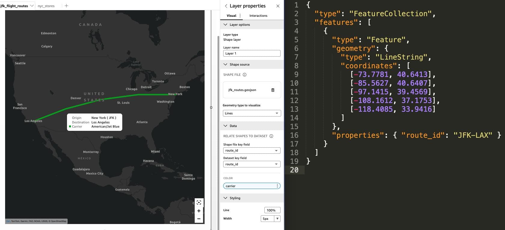 Layer map rendering the JFK to Los Angeles flight path as a line
