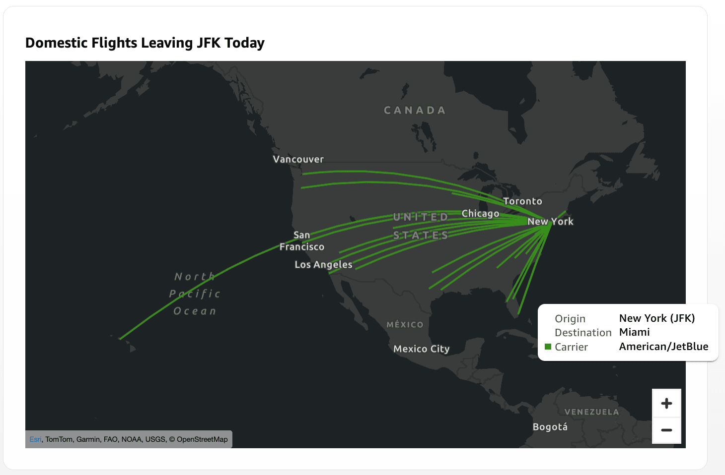 Layer map showing multiple flight paths radiating from JFK to destination cities